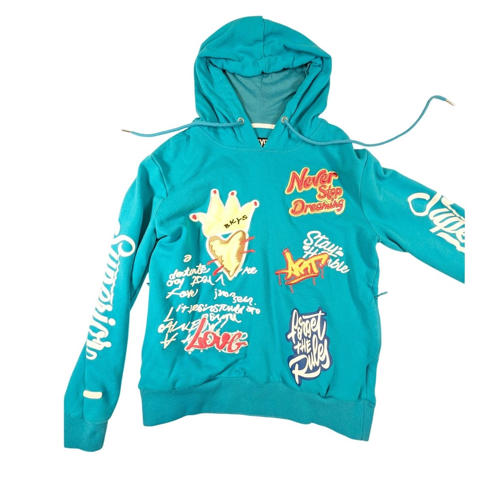 BKYS Mens Teal Blue Graffiti Graphic Patch Hoodie Sweatshirt Size Small Cotton